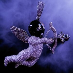 Custom 3.75 Inch Solid Sterling Silver & Moissanite Angel Pendant With Ski Mask